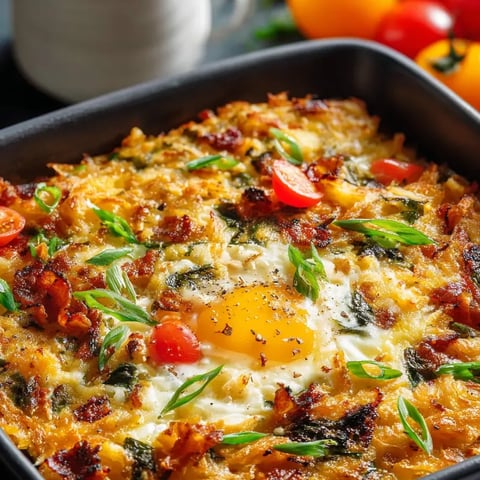 Ein Schälchen mit Ei, Tomaten, Spinat und Bacon.