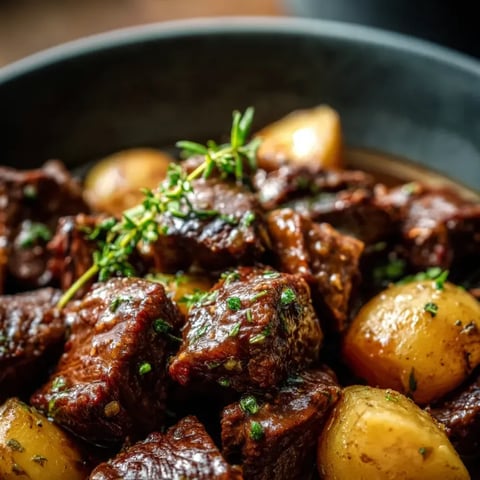 Ein Schmelztopf mit Fleisch, Zwiebeln und Kartoffeln.