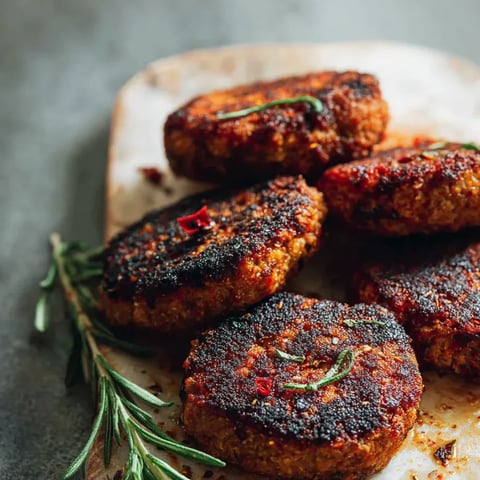 Eine Platte mit schwarzen, gebratenen Fleischstücken, die mit Zwiebeln und Basilikum garniert sind.