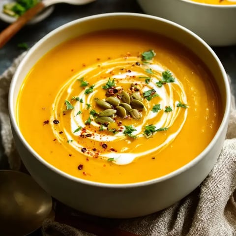 Ein weißer Becher mit einer cremigen, kräftigen Suppe, die mit Gewürzen und Zwiebeln garniert ist.