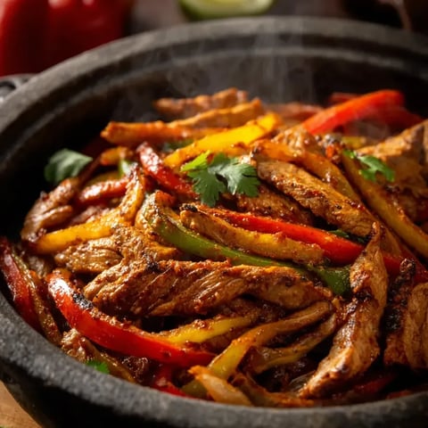 Ein schwarzes Töpfchen mit einer Mischung aus Fleisch, Paprika, Zwiebeln und Tomaten.