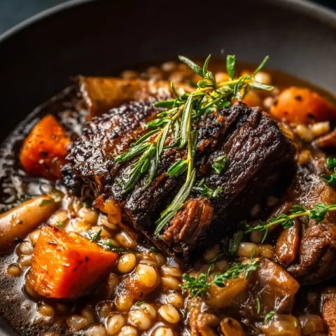 Ein Schmorbraten mit Zwiebeln und Gewürzen in einer Schüssel.
