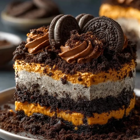 Eine Oreo-Kreuzung mit Schokoladensoße und Schokoladensplitter auf einem Platter.