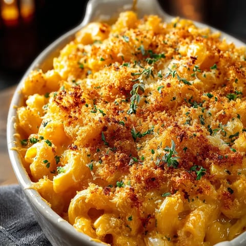 Ein weißer Teller mit Macaroni und Käse.