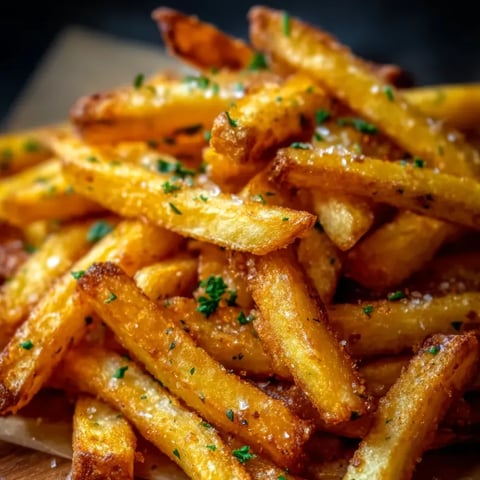 Eine Schüssel mit frisch zubereiteten Fritten, die mit Parsley garniert sind.