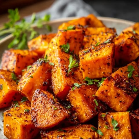 Eine Schüssel mit roten Kürbisstücken, die mit Gewürzen zubereitet sind.