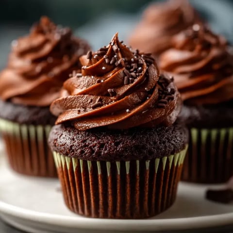 Zwei schokoladige Cupcakes mit Schokoladenglasur auf einem weißen Teller.