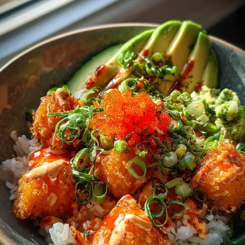 Ein Bild zeigt eine Schüssel mit einer Mischung aus Avocado, Rice, Tofu und Pasta.