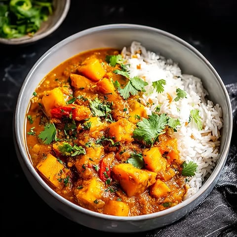 Ein Becher mit einer Mischung aus Reis, Kartoffeln und Gemüse, darunter Paprika, Zwiebeln und Karotten.