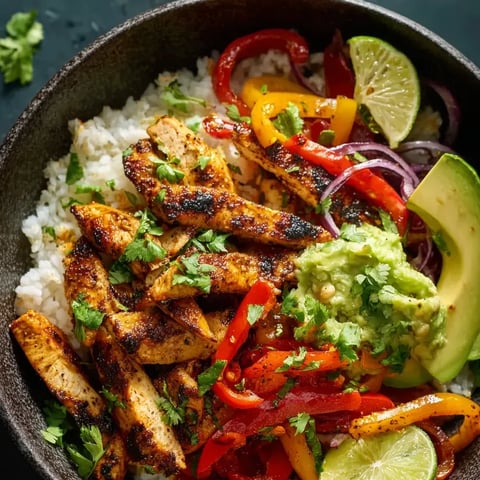 Ein schönes, farbenfrohes Gericht aus Rice, Chicken, Avocado, Tomaten, Paprika und Lime.