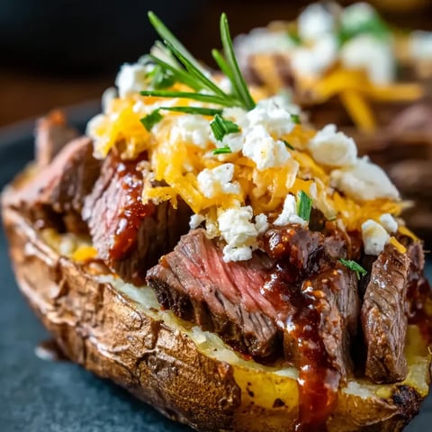 Ein gegrilltes Steak mit Sauce auf einem Kartoffelstück.