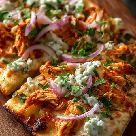 Eine halbe Pizza mit Chicken, Onion, Pink Pepper und Blue Cheese auf einem Holzblock.