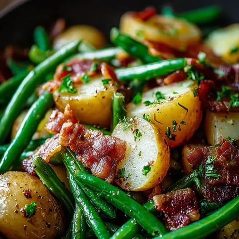 Eine Schüssel mit einer Mischung aus Bacon, Kartoffeln, Gurken und Tomaten.