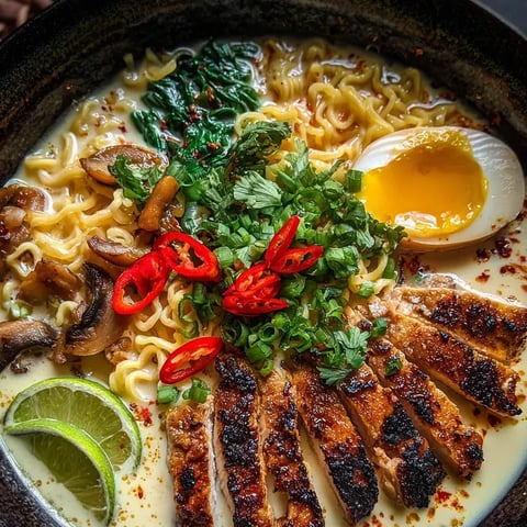 Ein Bild zeigt eine Mischung aus Ramen, Ei, Mushroom und Chili. Ein Ei liegt in der Mitte des Bildes, umgeben von Ramen, Mushroom und Chili. Es gibt auch eine Garnitur aus Lime, die in der linken unteren Ecke des Bildes zu sehen ist.