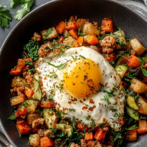 Ein Schüssel mit einer Mischung aus Kartoffeln, Zwiebeln, Kichererbsen, Zucchini und Zwiebeln.