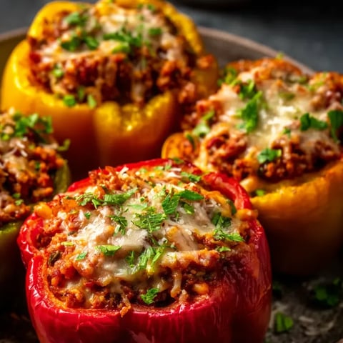 Ein rotes Paprika mit Rindfleisch und Käse.