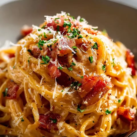 Ein Bild von Pasta mit Bacon, Parmesan und Zwiebeln.
