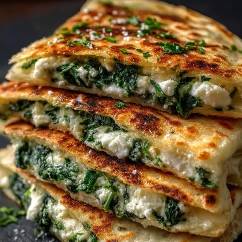 Eine Schicht aus Spinat und Käse auf einem Brot.