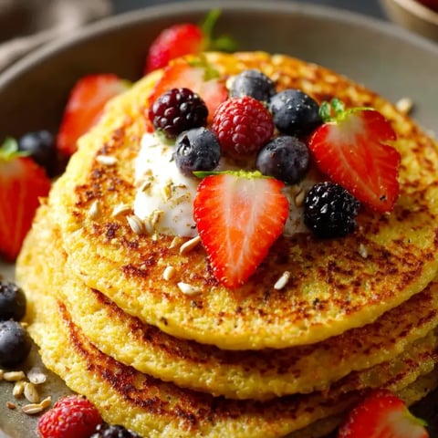 Eine Platte mit Pancakes, die mit Strawberries, Blaubeeren und Nüssen garniert sind.