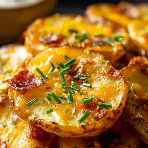 Eine Schüssel mit frisch zubereiteten Kartoffeln, die mit Bacon und Zwiebeln garniert sind.