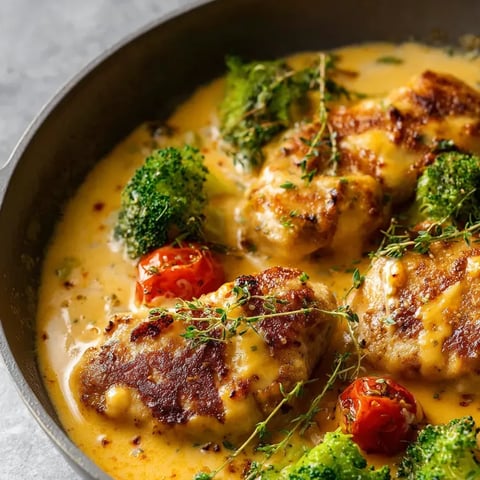 Ein Schmelztopf mit Käse, Tomaten, Broccoli und Zwiebeln.