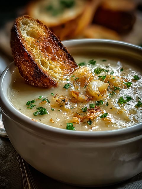 Eine Schüssel rustikale Knoblauchsuppe mit einem Brotstück obendrauf.