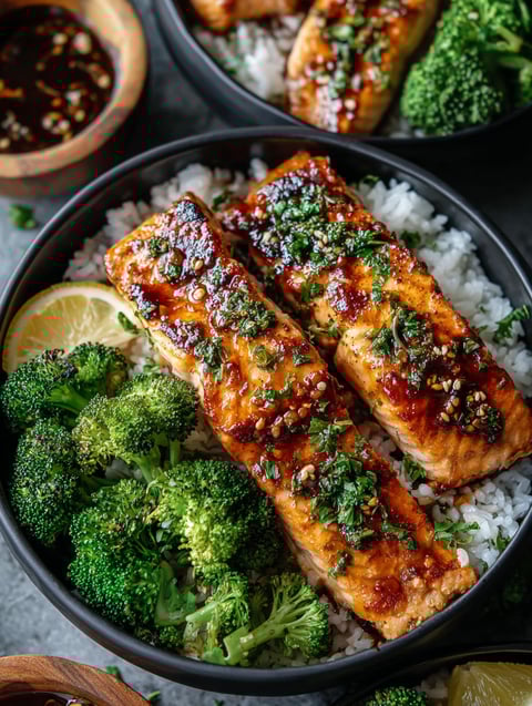 Schüssel mit Lachs, Brokkoli und Reis