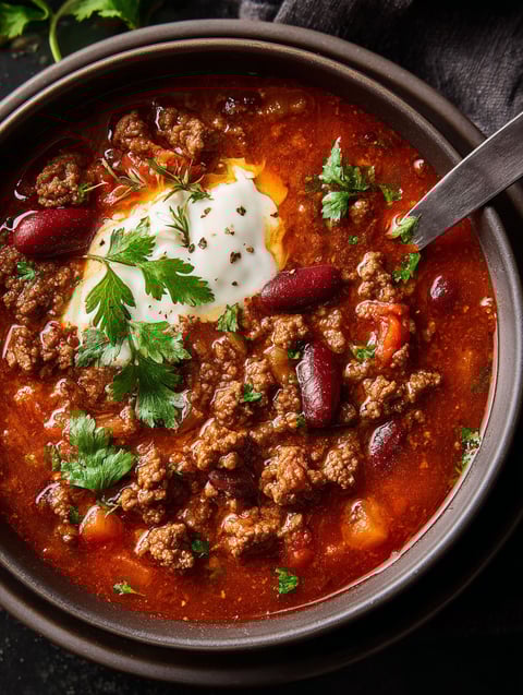 Eine Schüssel Chili-Suppe mit Hackfleisch.