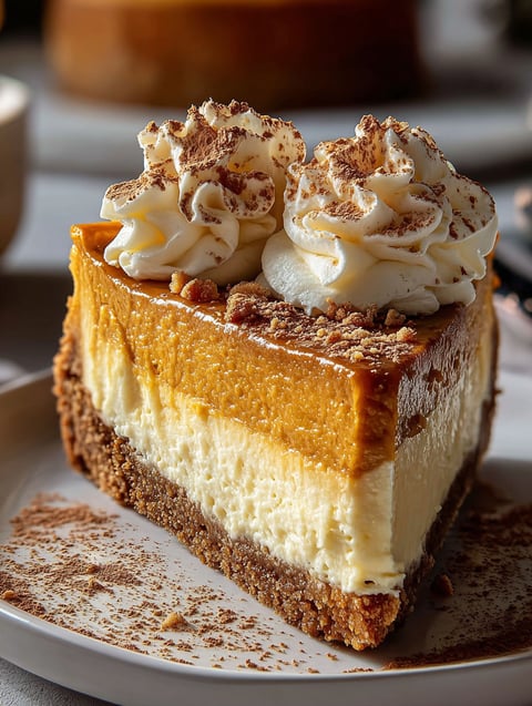 Ein Stück Kürbis Cheesecake mit Schlagsahne obendrauf.