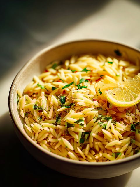 Schüssel Pasta mit einem Zitronenstück oben drauf.