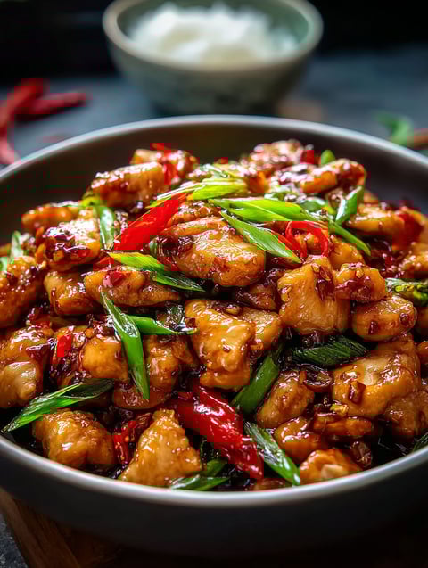 Eine Schüssel mit gebratenem chinesischem Knoblauchhuhn.