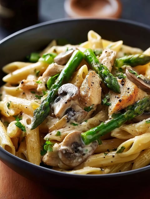 Schale mit cremigen Pilz Spargel Hühnchen Penne.