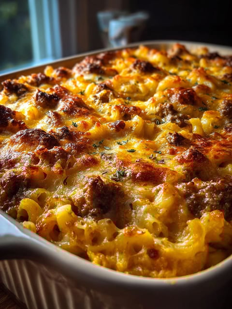 Ein Auflaufform gefüllt mit Hackfleisch und Käse.