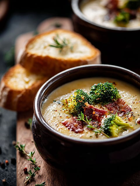 Eine Schüssel Broccoli-Cheddar-Suppe mit einem Stück Brot dazu.