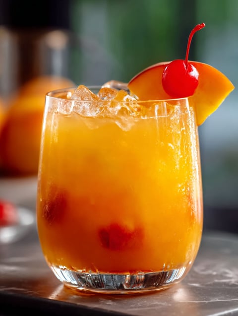 Ein Glas mit Pfirsich Tequila Punch.