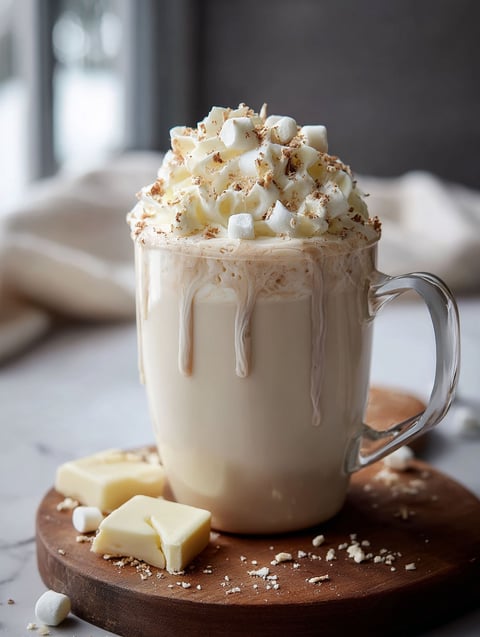 Eine Tasse weisse heisse Schokolade mit Marshmallows.