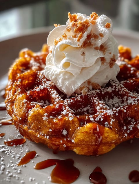 Ein Teller mit fluffigen Pfefferwaffeln und einem Klecks Schlagsahne oben drauf.