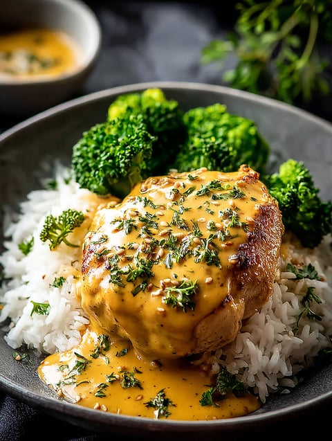 Eine Portion Reis und Hühnchen mit Soße obendrauf.
