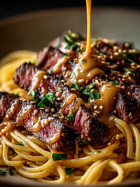 Nahaufnahme von leckerem Steak mit Knoblauchbutter und goldenen Nudeln