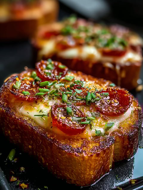 Ein Stück Pizza mit Tomaten und Käse oben drauf.