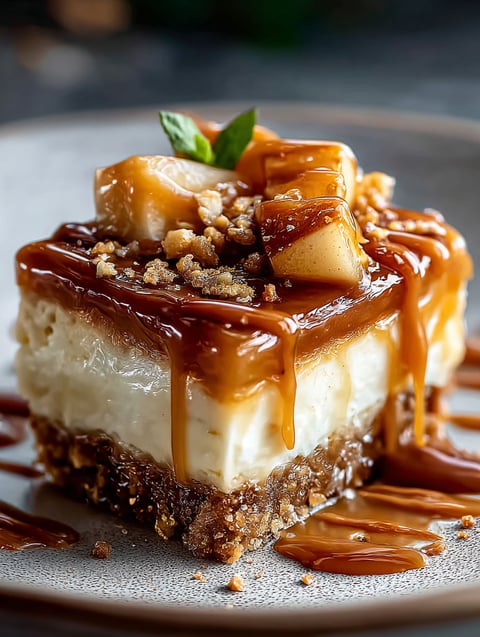 Ein Stück Karamell Apfel Käsekuchen.