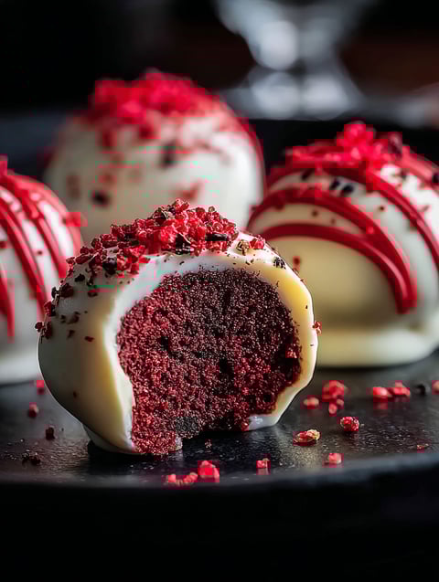 Rote Velvet Kugeln auf schwarzem Teller