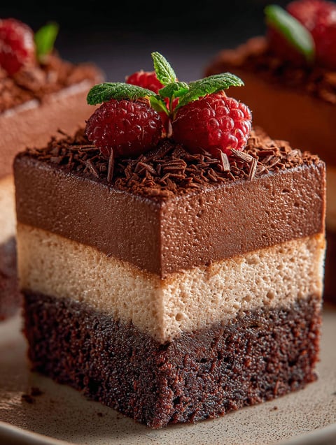 Ein Stück Schoko Mousse Brownie mit Himbeeren oben drauf.