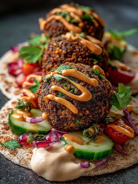 Mini falafel wraps mit sauce und gemüse.