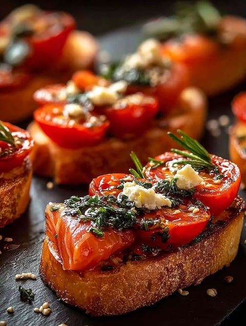 Ein Crostini belegt mit Tomaten und Basilikum.