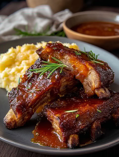 Ein Teller voller Ribs mit Soße.