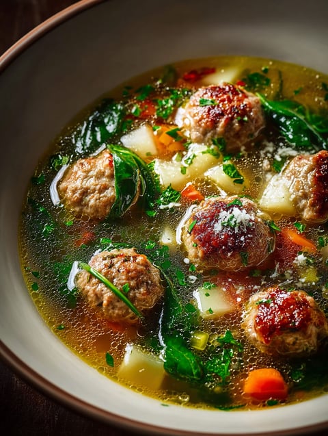 Eine Schüssel Suppe mit Fleischbällchen und grünem Gemüse.