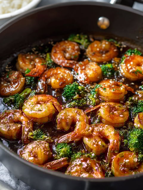Pfanne mit Garnelen, Knoblauch und Honig.
