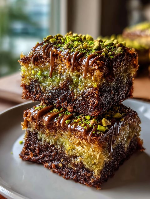 Ein Stück Pistazien Kunafa Brownies