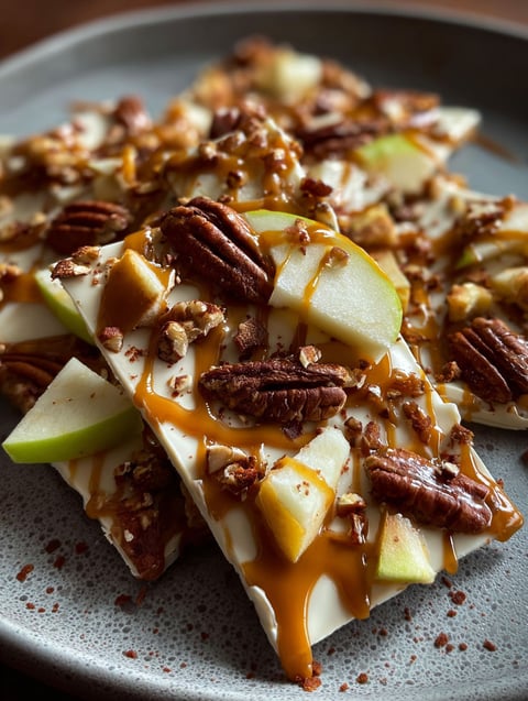 Nahaufnahme eines Karamell Apfel Riegels.